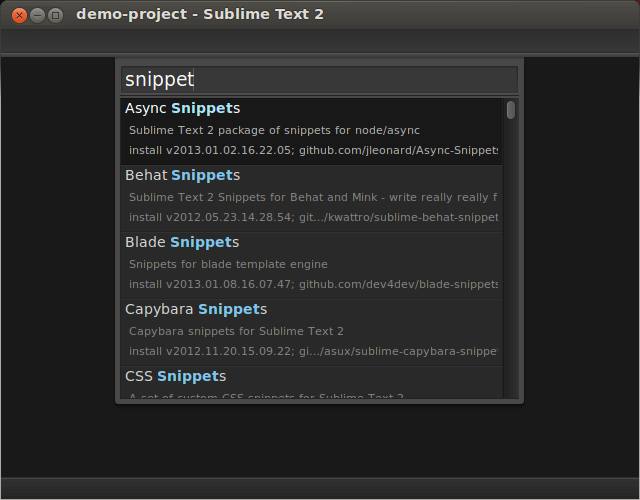 Просмотр доступных наборов сниппетов в Package Control в Sublime Text 2