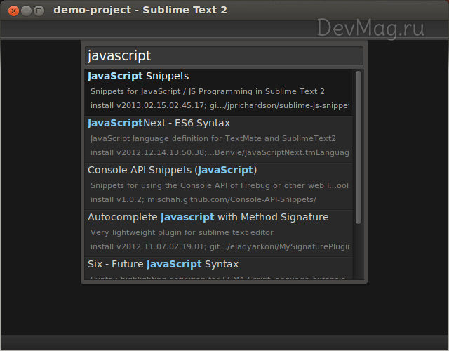 Поиск набора сниппетов для JavaScript в Package Control в Sublime Text 2